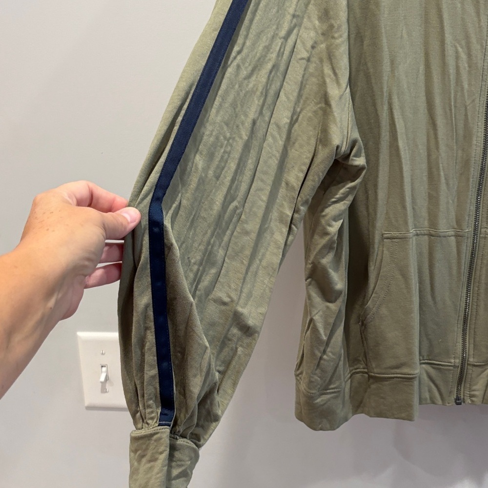 Skinnygirl Olive Green Zip-Up Hoodie with Navy Stripes - Picture 3 of 5